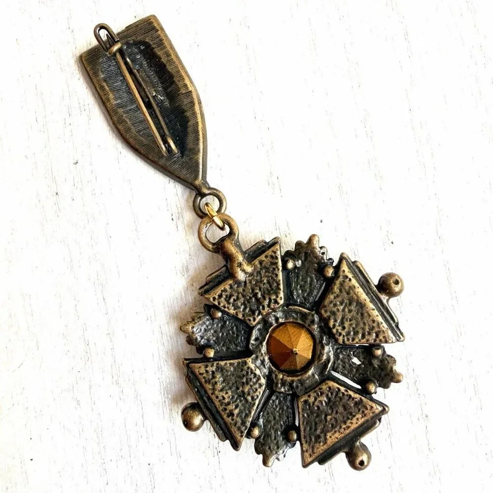 Vintage Maltese Cross Emerald Rhinestone Drop Brooch